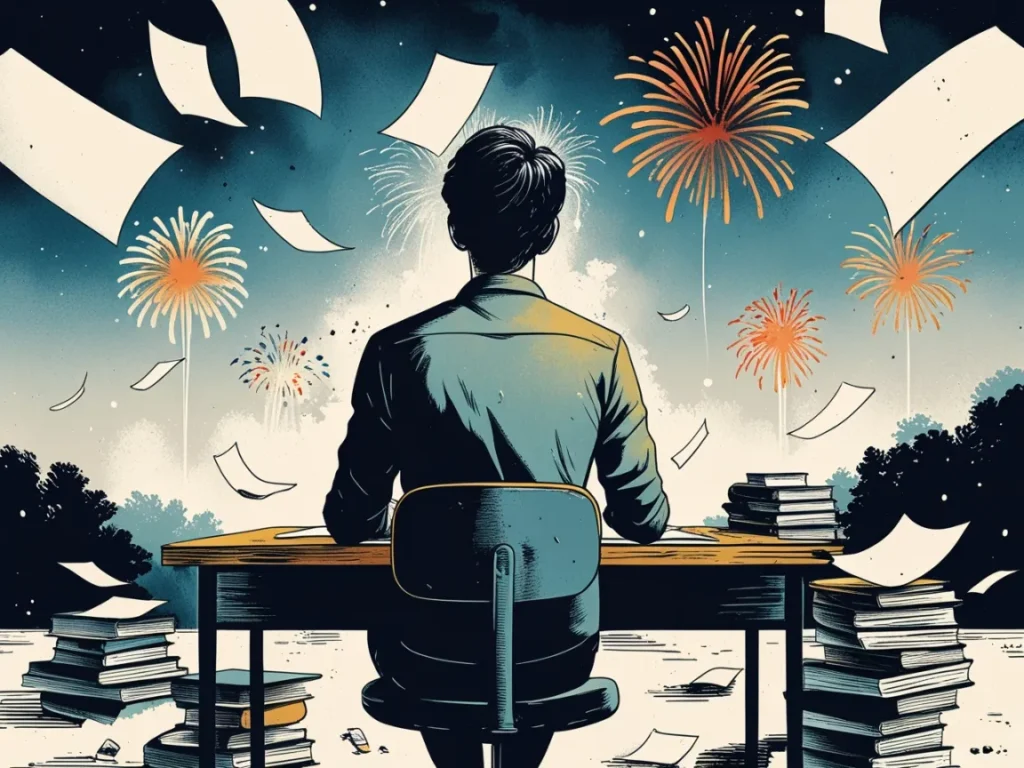 A person sitting behind a desk and looking at fireworks